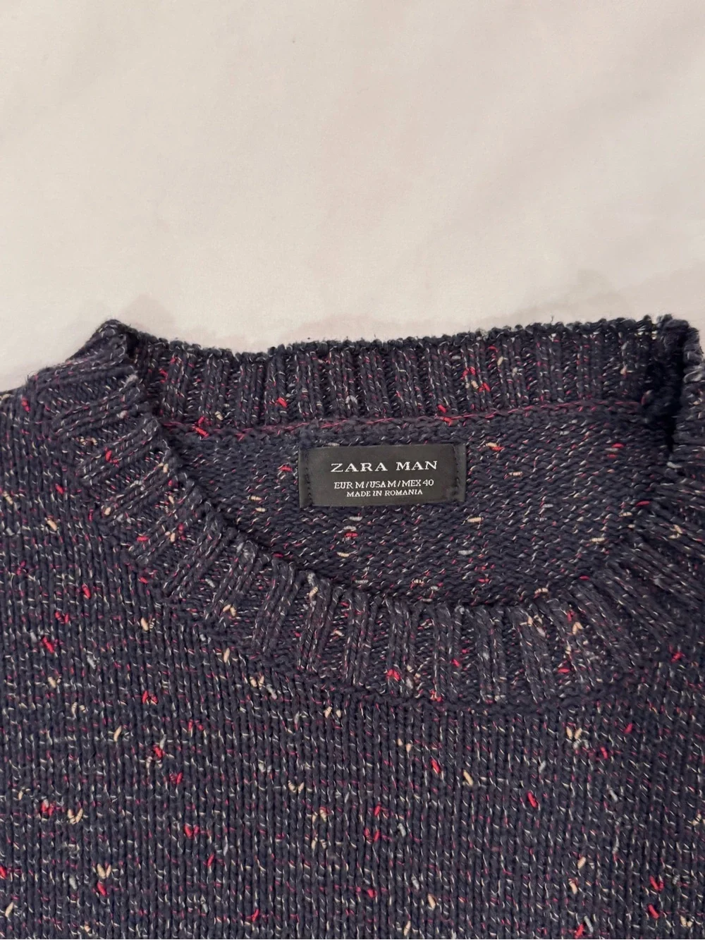 Zara Man Speckled Fleck Knit Crewneck Sweater Navy Blue Multicolor Size Medium